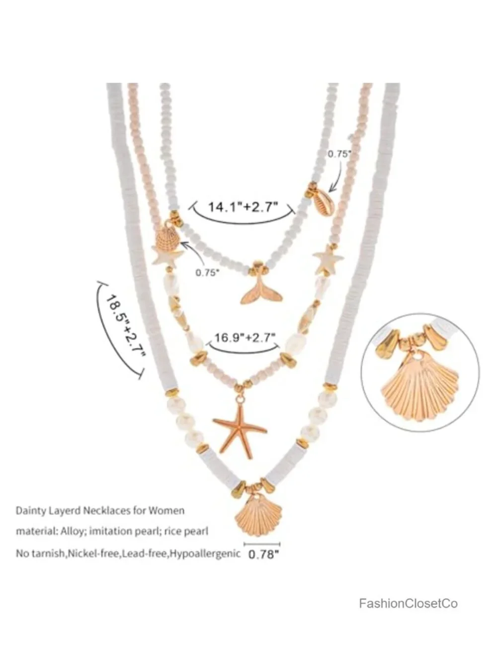 18k Gold Plated Starfish Seashell Charm Necklace Adjustable Beachy Stackable